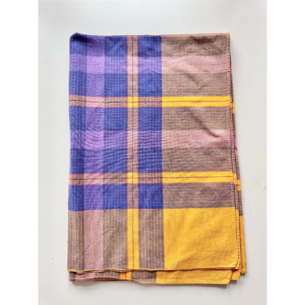 Vintage Yellow Purple Plaid Check 100% Cotton 64" x 46" Tablecloth